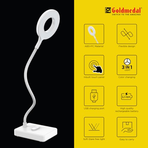 Image of Goldmedal Glow Desk 01 Portable Table Lamp with 3W LED Bulb|1200mAh Battery (Backup up to 3 to 4 Hrs) | Inbuilt Touch Panel | for Study Areas, Living Rooms, Office | 3 in 1 Color Changing (CNW)