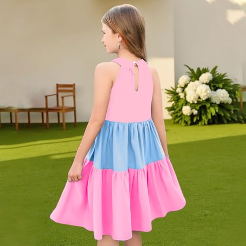Girls' Sleeveless Color Block Dress Summer Casual Sundress Skater Swing Twirly Halter Dress3