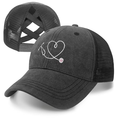 Ponytail Hats for Women Stethoscope Heart Embroidery Nurse Hat High Ponytail Hole Adjustable Washed Vintage Baseball Cap Black