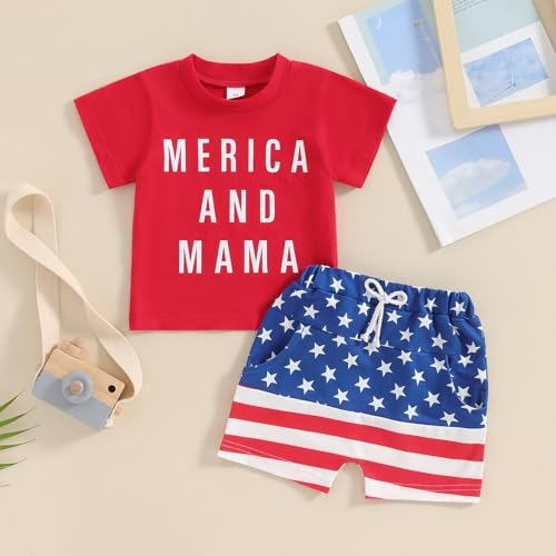 Madjtlqy Baby Boy 4th of July Outfit USA Letter Print Short Sleeve T-Shirt Stripe Star Shorts Set Patriotic Summer Clothes4