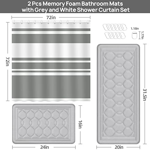 3 Pcs Bathroom Sets With Shower Curtain And Rugs, Grey And White Stripe Fabric Shower Curtain Set With 12 Hooks 2 Pcs Memory Foam Bath Mats Non Slip Washable Bathroom Rugs Carpet For Boho Home Decor #TOP2