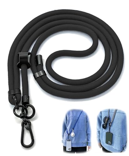 ICOVERI Cordón Universal Funda móvil, para Colgar Funda en Cuello o Cruzada. Longitud Ajustable, Correa Nailon multifunción con Enganche y Cierres Metal, Compatible con Todos los smartphones. (Negro)