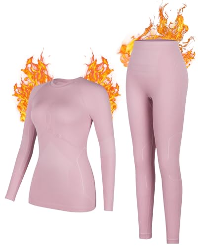 ATTRACO Womens Thermals Top and Bottom Set Soft Stretchy Long Johns Base Layer Pink Medium