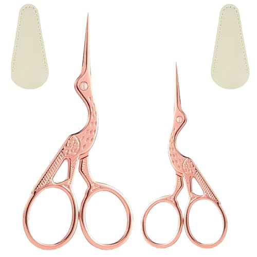 2 PCS Rose Gold Stork Embroidery Scissors with Leather Covers, 4.5 Inch & 3.7 Inch Stainless Steel Small Sewing Scissiors, For Precision Cutting DIY Craft Cross Stitch Tailoring Floral Trimming