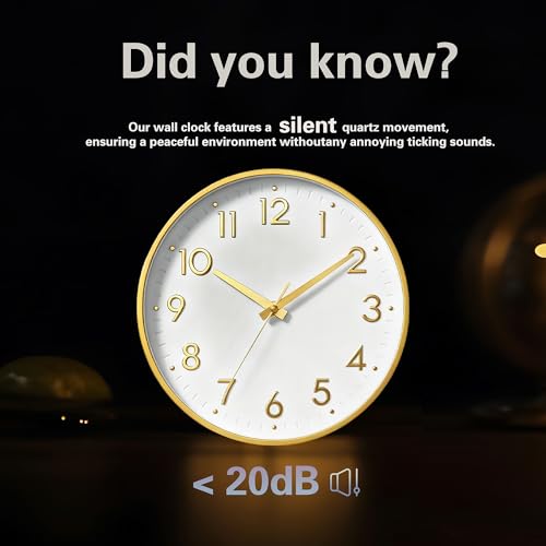 Image of Mosewa Wall Clock 10 Inch, Battery Operated Silent Non-Ticking Modern Analog Clock Decorative for Kitchen, Bedroom, Office, Living Room(White Gold)