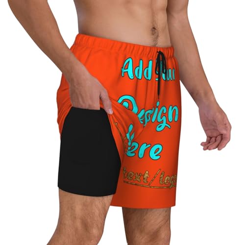 Custom Mens Swim Trunks Add Your Photo Text Logo Quick Dry Compression Liner 2 in 1 Shorts Men Swimsuit