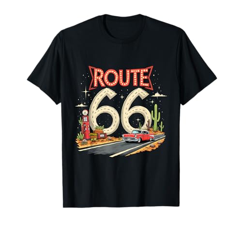 Classic Retro Route 66 Desert Scene with Red Vintage Car T-Shirt