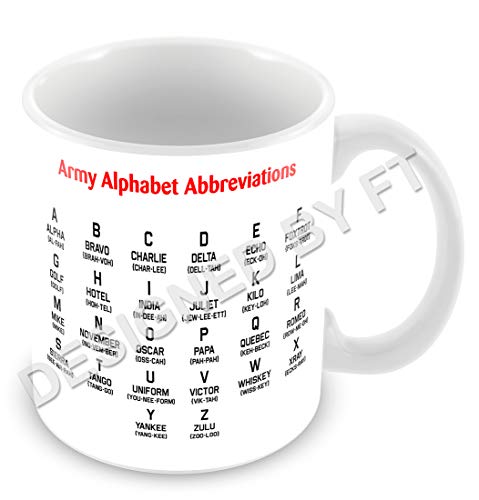 F&T - Taza de cerámica blanca de 325 ml con diseño de «Army Phonetic Alphabet»