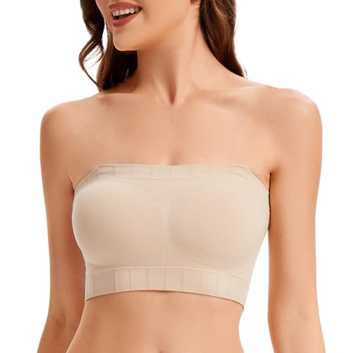 Finduself Wireless Strapless Bra for Women No Slip Silicone Grip Ribbed Bandeau Bra with Fixed Pads Fabric and Clear Straps