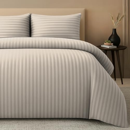 Pamposh Satin Stripe Double Duvet Set - Premium Hotel Quality Quilt Cover Bedding Sets - Hypoallergenic Ultra Soft Microfiber Bed Linen