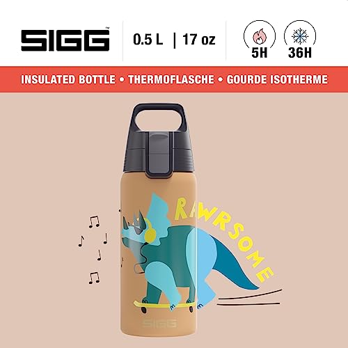 Sigg - Isolierte Trinkflasche Kinder - Shield Therm One Rawsome - Kohlensäuregeeignet - Auslaufsicher - Spülmaschinenfest - BPA-frei - 90% recycelter Edelstahl - Sandbraun mit Dinosaurier - 0,5L