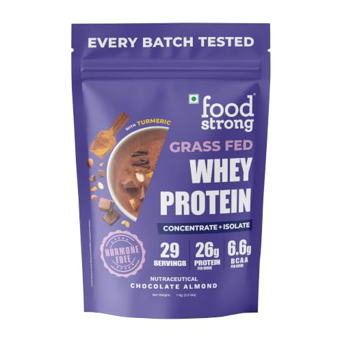 Image of Foodstrong Whey Protein Powder (Concentrate + Isolate), 100% Hormone Free Grass-Fed Whey, 26G Protein & 6.6G BCAA, Chocolate Almond, With Turmeric & Digestive Enzymes, 1KG