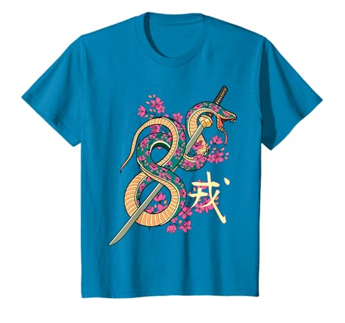 Serpent Japonais Katana Samurai Kanji Fleur de Cerisier T-Shirt