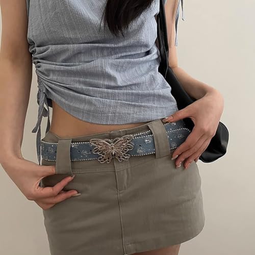Y2K Women's Belt Metal Butterfly Buckle Beads Chain Denim Sequin Waist Belts for Women Girl Dress Jeans Pants Blouse Tshirt (Blue)4