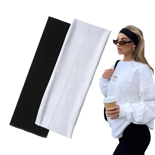 7cm Wide Black Headbands for Women Men, Yedtreg 2pack Fashion Head Bands for Women's Hair, Soft Fabric Stretchy Hair Bands for Makeup, Yoga, Running, Sports (Black/White)