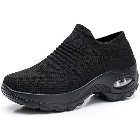 Women Slip On Walking Shoes - Mesh Breathable Sneakers Athletic Road Running Trainers All Black 6.5 UK Cover