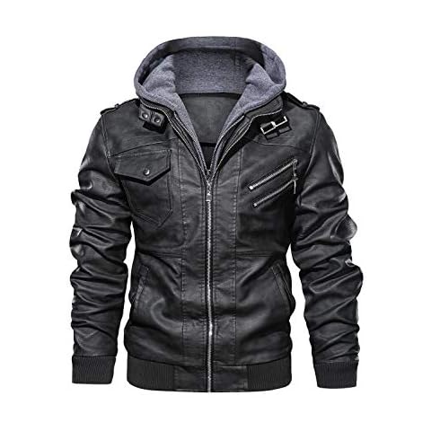 HOOD CREW Men’s PU Faux Leather Motorcycle Bomber Jacket With a Removable Hood Black M Cover