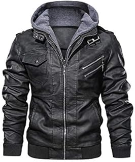 Hood Crew Men’s Casual Stand Collar PU Faux Leather Zip-Up Motorcycle Bomber Jacket With a Removable Hood