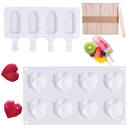 8 Cup Diamond Heart Shaped Cake Mold, Tubala Silicone Chocolate Heart Mold 4 Cavities Popsicle Molds Ice Cake Pop Molds with 50 Pieces Wood Craft Sticks for Baking Chocolate Fondant DIY Ice Cream 8 Cup Diamond Heart Shaped Cake Mold, Tubala Silicone Chocolate Heart Mold 4 Cavities Popsicle Molds Ice Cake Pop Molds with 50 Pieces Wood Craft Sticks for Baking Chocolate Fondant DIY Ice Cream