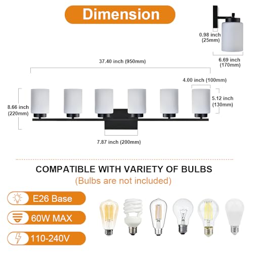 Image of 6-Light Bathroom Vanity Light with Milky White Frosted Glass,Matte Black Modern Bathroom Wall Mounter Light Fixtures Over Mirror for Living Room