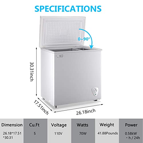 5.0 Cubic Feet Deep Chest Freezer Compact Freezers with Adjustable Thermostat Top Open Door with Removable Storage Basket for Home Kitchen and Bar