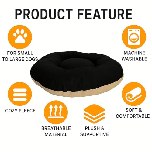 Image of The Pets Company Calming Dog & Cat Bed | Soft Fluffy Donut Reversible, Washable Pet Bed for Puppies | Cozy Plush Anti-Anxiety Cushion |, (L-34 Inch x B-34 Inch x H-5.5 Inch), Black & Beige-Large