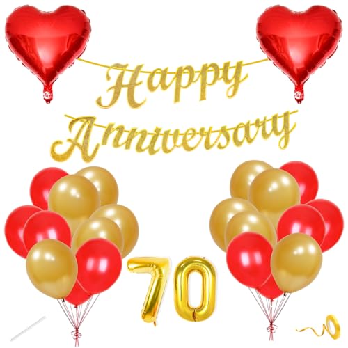 Image of Flyloons 70th Happy Anniversary Decoration Items Red Gold for Men Women Husband Wife Mom Dad Parent Couple Home Bedroom Car With 20 Pcs Metallic Balloons Anniversary Banner 2 Pcs Heart Set Kit