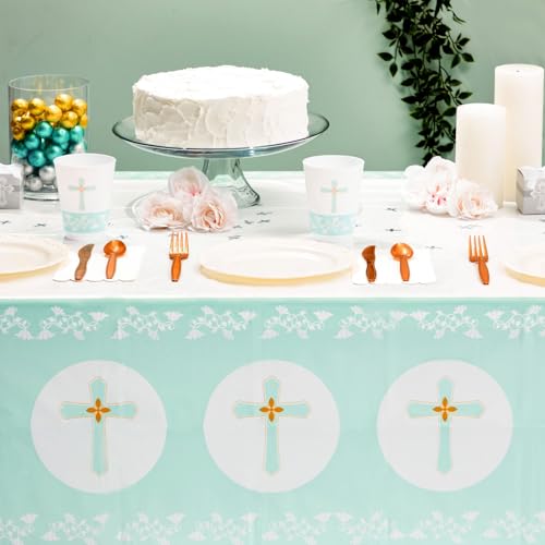 Image of BLUE PANDA 3-Pack Disposable Plastic First Communion Table Cloth - 54 x 108 in White Rectangular Pleated Plastic Cover - Spill Protection & Easy Cleanup - Religious Baptism Decorations