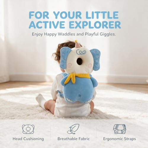 Image of Baby Head Protection Backpack - Soft Lightweight Fall Cushion for Toddlers During Crawling & Walking, Helps Ease Impact from Backward Tumbles(Blue Elephant)