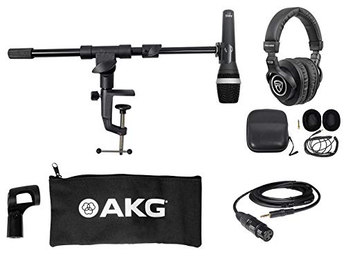 Audiosavings Bundle: AKG D5C Dynamic Cardioid Pattern Mic Bundle with Rockville AUX Cable & Boom Arm USB Mic Stand+Desk Clamp, Studio Headphones with Coil Cable+Case+Extra Ear Pad (4 Items)