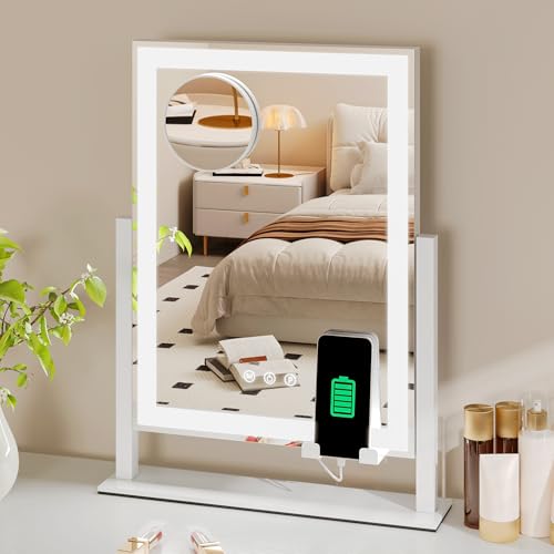 YITAHOME Miroir Maquillage Lumineux, Miroir LED Coiffeuse Rotatif à 360°, 3 Couleurs de lumière, grossissement 10x, Commande Tactile, Blanc 40 x 30 cm...