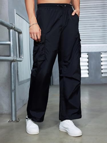 WDIRARA Men's Baggy Cargo Pants Flap Pockets Hiking Sweatpants Drawstring Waisted Wide Leg Casual Pants with Pockets4