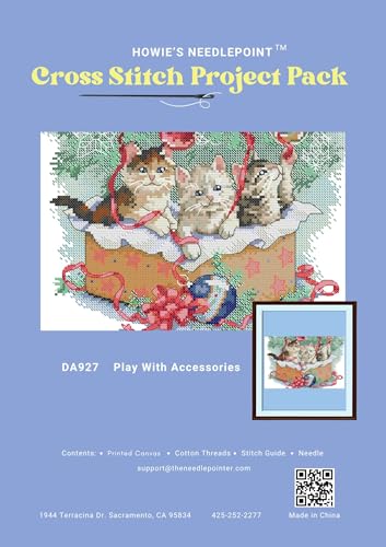 Image of Howie's Cross Stitch Kits, 14CT Pre-Printed Pattern Embroidery Set Needlework, Full Range of Stamped Starter Kits(Playing with the Trimmings, 11.81 x 8.27 inch)