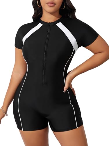 Floerns Women's Plus Size Colorblock Full Zip Short Sleeve One Piece Swimsuit