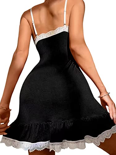 Vrtige Women's Contrast Lace Ruffle Hem Sleeveless Nightdress Chemise Nightgown Sleepwear Black Small #TOP1