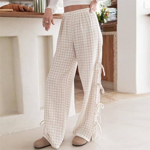 Pants for Women Summer Y2K Wide Leg Pants Casual Cargo Pants Plaid Pajamas Side Strap Tie Baggy Pants Sweatpants3