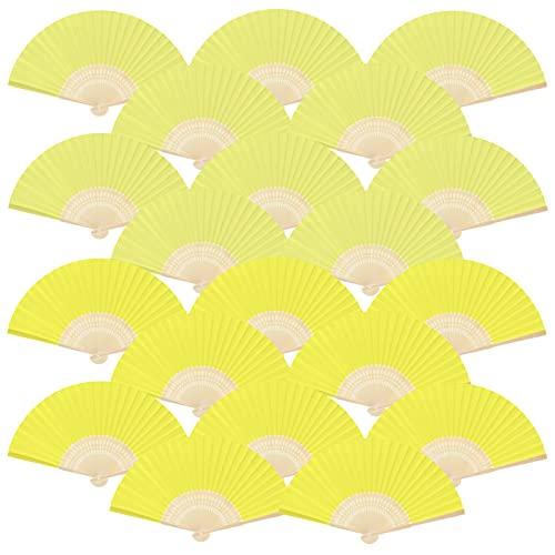 FEPITO 20 Pieces Handheld Yellow Paper Fan Paper Folding Fans with Bamboos for Wedding Gift, Party, Home