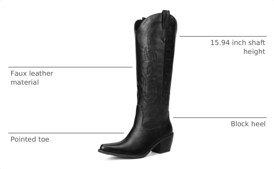 Image of Pasuot Western Cowboy Boots for Women - Knee High Wide Calf Cowgirl Boots, Slip On Pointed Toe Chunky Heel Fashion Retro Classic Pull On Tall Boot for ladies Party concert