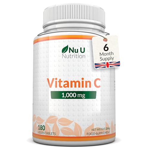 Vitamin C 1000mg - 180 Vegan Tablets - 6 Month Supply - High Strength Ascorbic Acid - Supports Immune System, Energy & Collagen Formation* (EFSA Claims) - Nu U Nutrition
