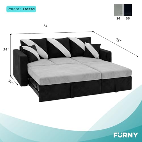 Image of FURNY Trivia 4 Seater RHS Lounger Sofa Cum Bed (Light Gray - Black) with Pull-Out Function | Luxury Velvet Suede Finish | Durable Comfort | Ideal for Living Room
