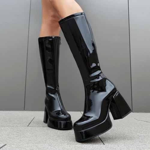 MeiLuSi Black Knee High Boots Tall Boots for Women Black Gogo Boots of 70s Square Toe Stretch Boots Chunky Heel Platform Boots Costume Dress Party Club Shoes2
