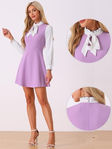 Image of Allegra K Tie Neck Dresses for Women's 1960s Vintage Long Sleeve Contrast Color Dress