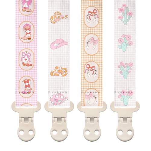 Image of Stadela Baby Fabric Pacifier Clip Holder, Plastic Clip, 4‑Pack, Western Pattern, Jolene Set