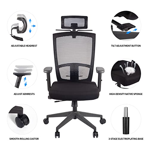 Garlifur Ergonomic Mesh Office Chair, High Back Desk Chair -Adjustable Headrest With Hanger, Tilt Function, Lumbar Support, Pu Wheels & 3D Lift Armrest, Swivel Computer Task Chair - Black #TOP4