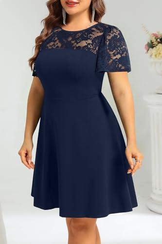 Image of Plus Size Cocktail Dress - Lace Wedding Guest Party Crew Neck Short A Line Dresses Women