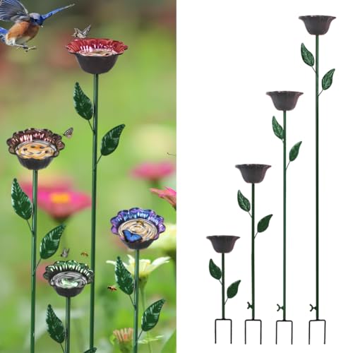 DREAMSOUL 4 Pack Bird Bath with Bee Feeder, Metal Flower Bird Baths Bee Watering Station for Garden Yard Decor (Red, Brown, Purple, Green)