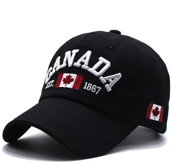 Casquette de Baseball Canada Unisexe Noir – 100% Coton – Feuille d'Érable Brodée – Réglable – Casquette Sport et Loisirs pour Homme et Femme