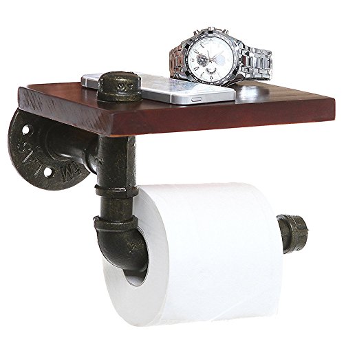 Jeteven Industrial Vintage Toilet Paper Roll Holder Black Metal Wall Mounted Bathroom Shelf Rustic Style Pipe with Wood Shelf Wall Storage