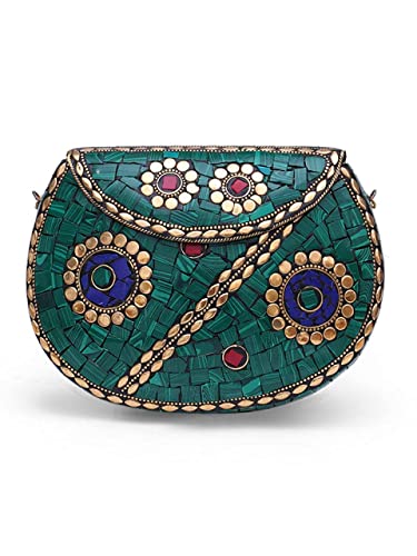 Image of Shakuntala Vintage Clutch - Metal Mosaic Stone & Shell Design Purse - Handmade Women's Handbag