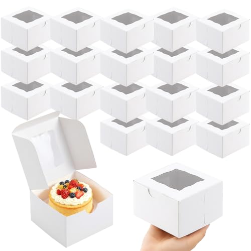 KIERKIER 20 Pack Individual Cupcake Boxes 4 Inch White Cardboard Cake Boxes with Clear Window 10×10×6 cm Small Cake Packaging for Single Cakes Desserts & Wedding Favours